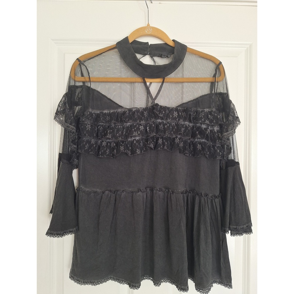 POL Top Blouse Women's size S Black Lace Crochet Ruffle